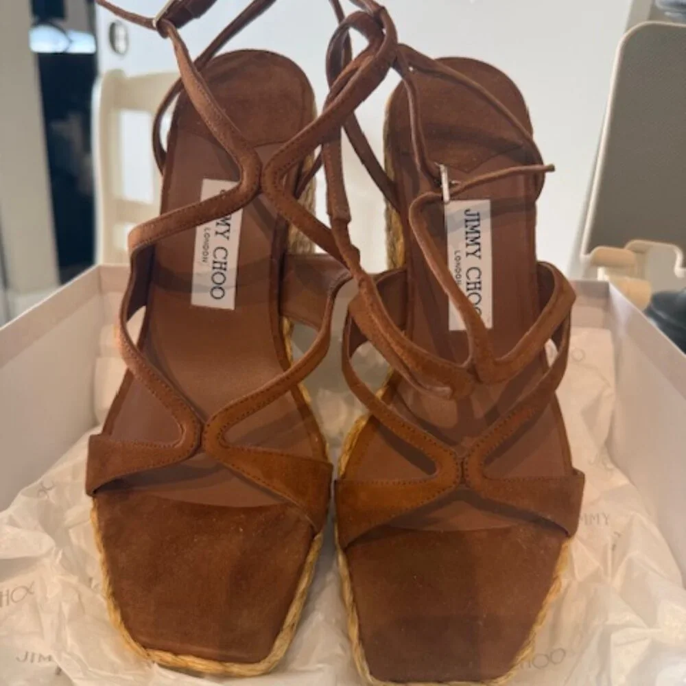 Jimmy Choo Brown Suede Espadrille Wedge Sandals